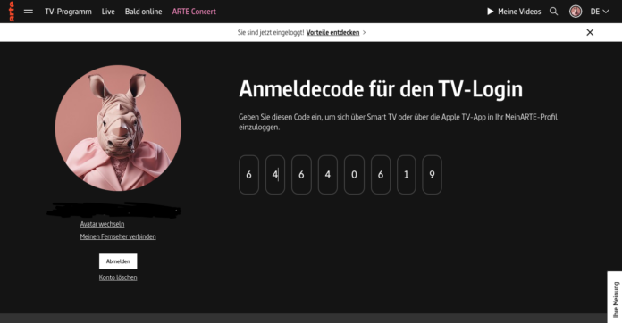 Anmeldecode für SMART TV generieren bei ARTE TV